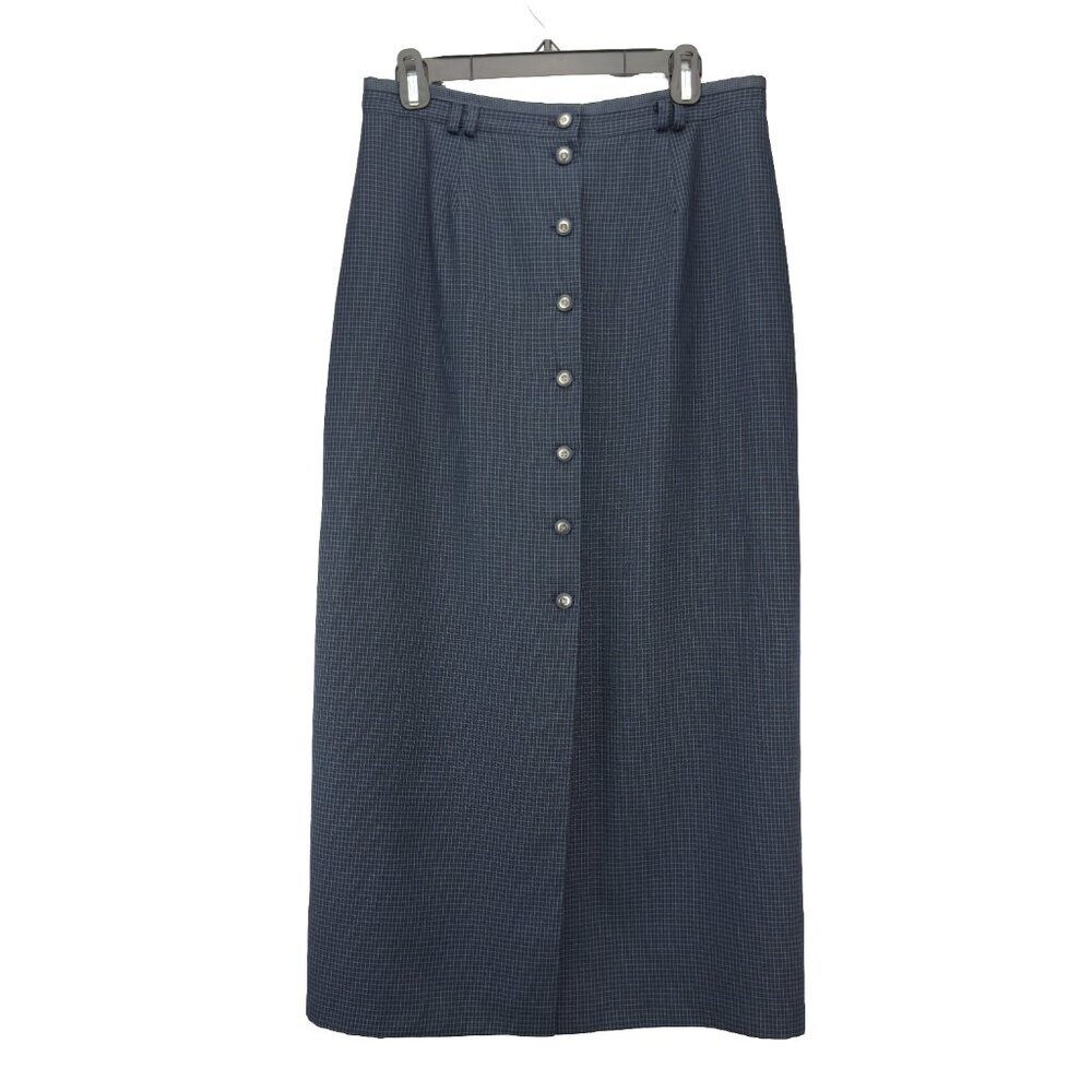 VTG Upcycled Academia Navy Blue Checked Button-Down Preppy‎ Midi Skirt sz 13 / L